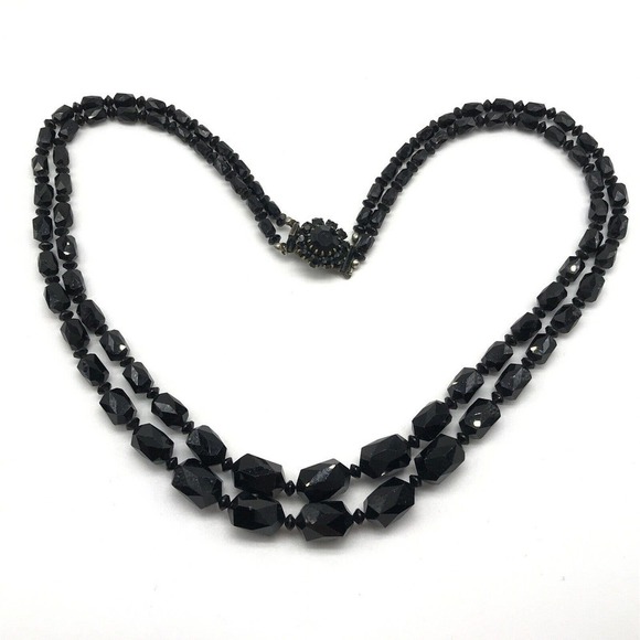 Antique Black Jet Faceted Glass Graduated Double Strand Flower Clasp Necklace - Picture 5 of 8